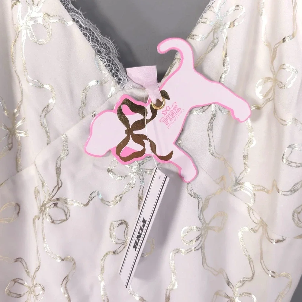 VICTORIA'S SECRET LOVESHACKFANCY New Nightgwn XS Bow Print Satin Slip Chemise